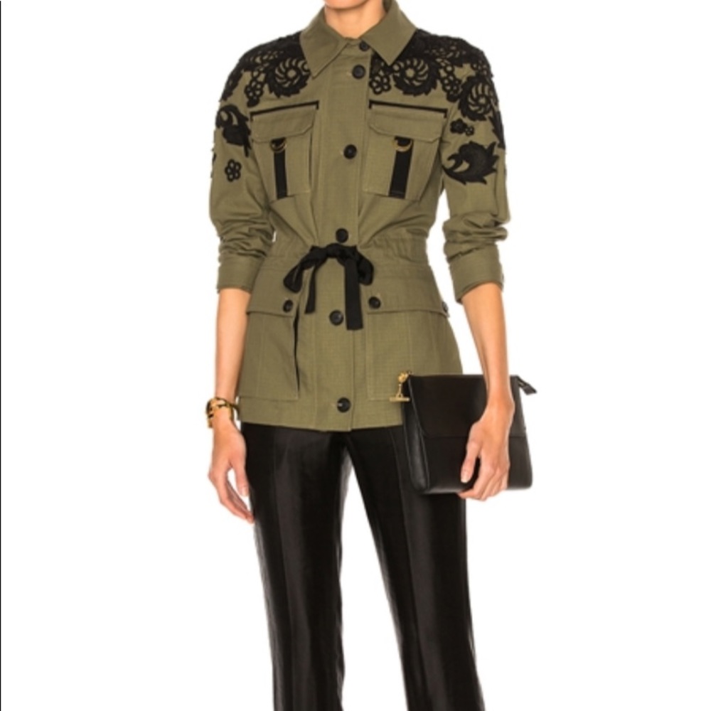 Veronica Beard Olive Green & Black Embroidered Utility Jacket
